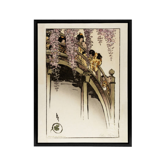 Helen Hyde Children on The Moon Bridge at Kameido Black Framed Canvas Art Print