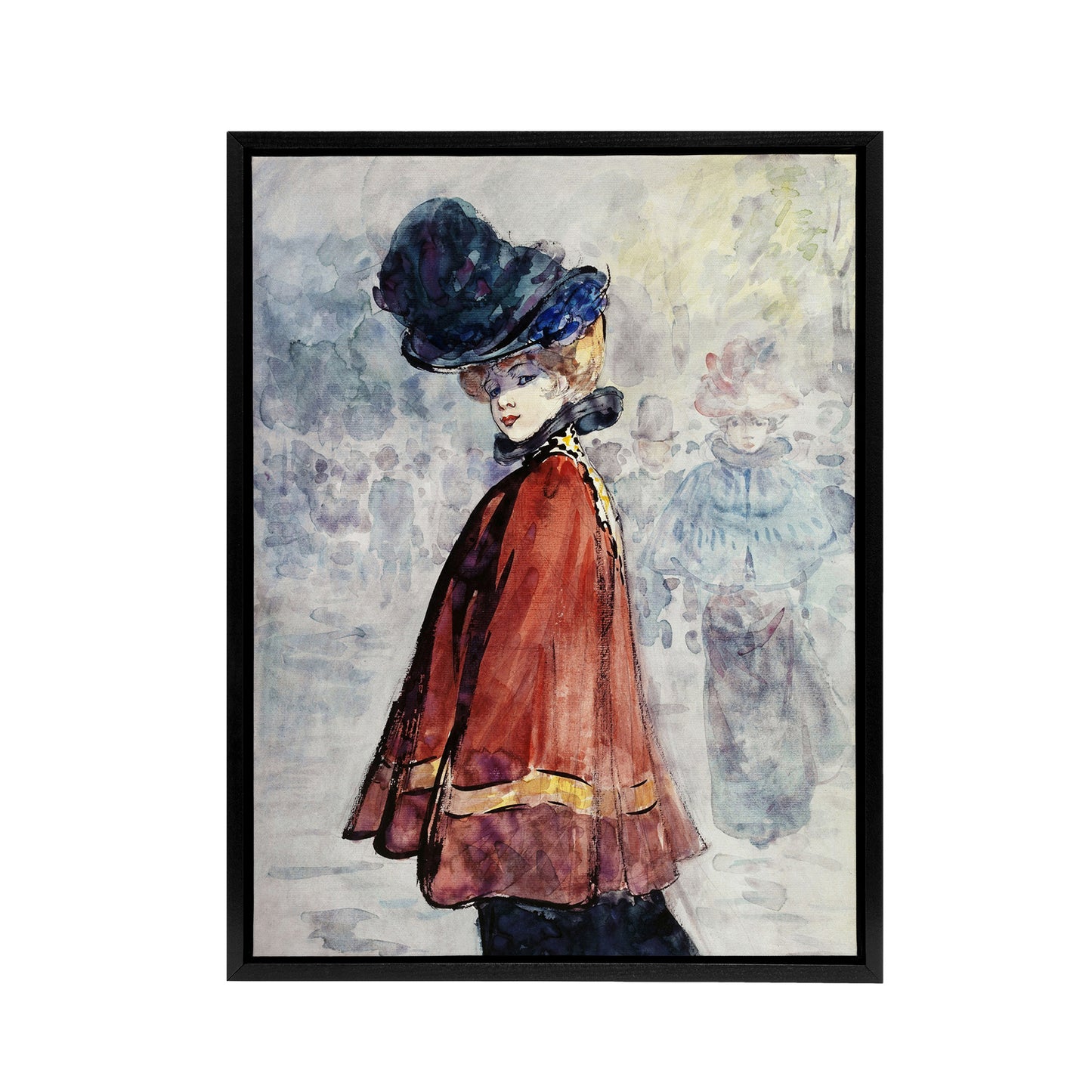 Henry Somm Elegant in Red Cape Watercolour Portrait Black Framed Canvas Art