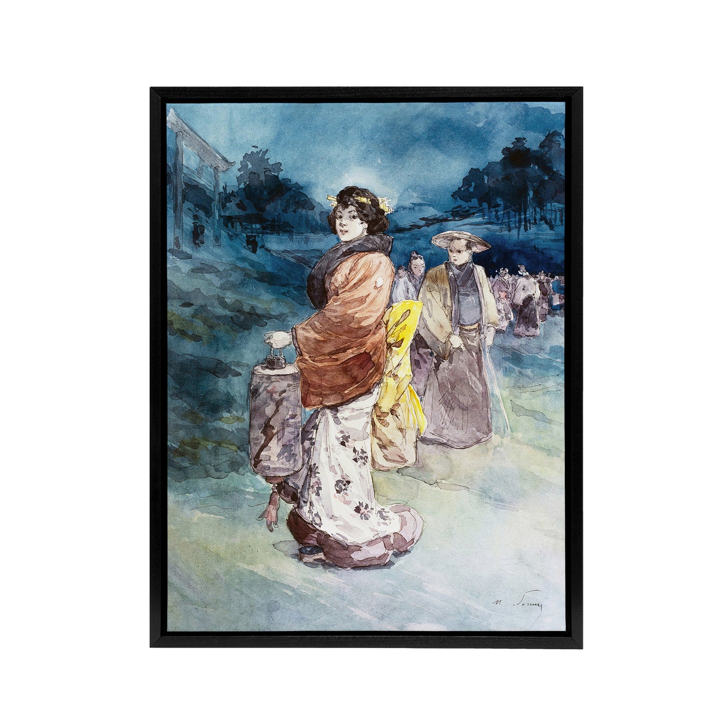 Somm Procession of Characters in Japanese Costume Black Framed Canvas Art Print
