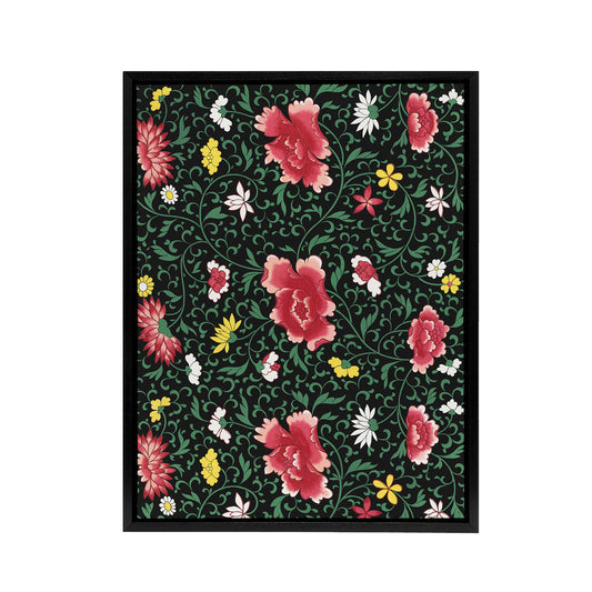 Owen Jones Elegant Chinese Flower Pattern Black Framed Canvas Wall Art Print