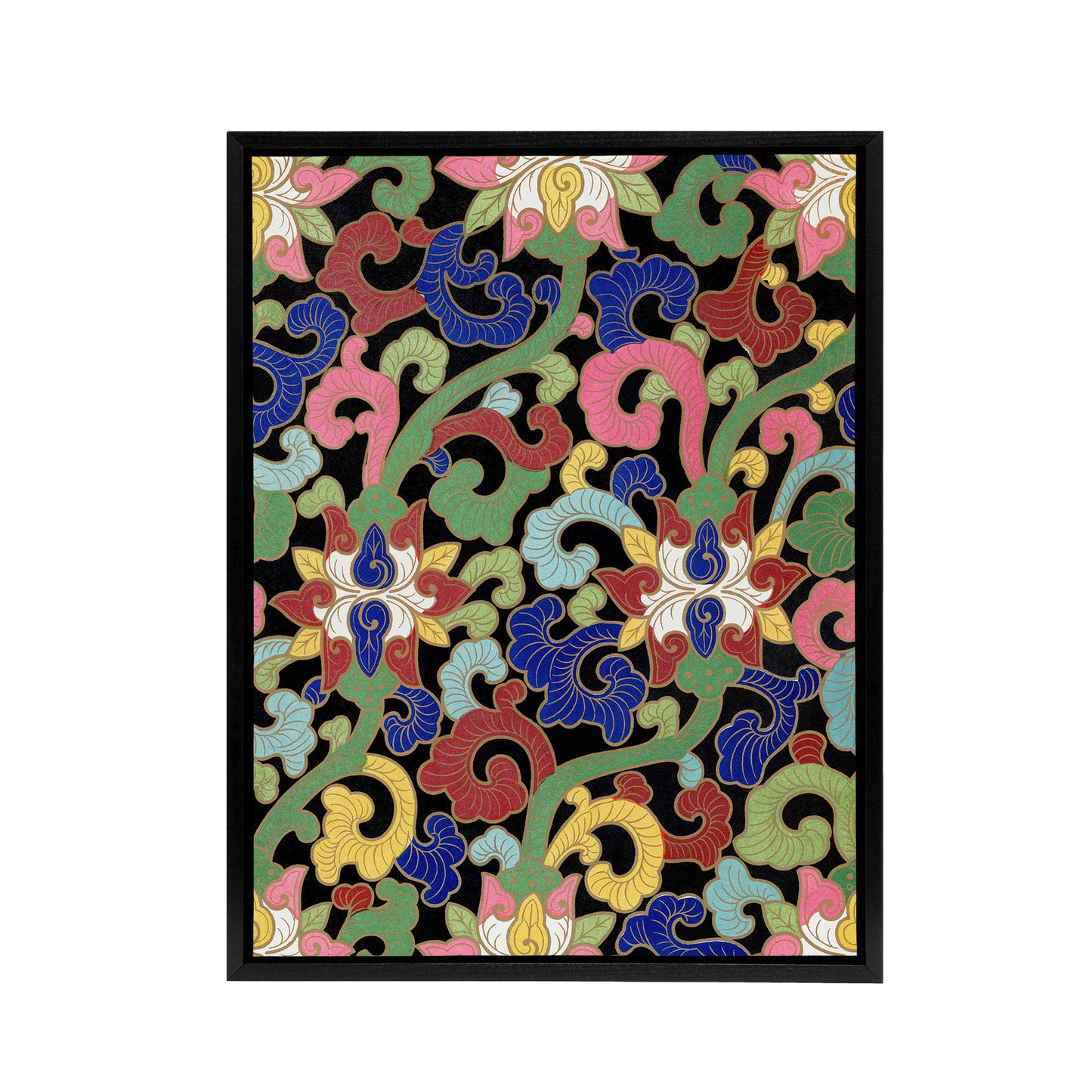 Owen Jones Vibrant Botanical Chinese Textile Pattern Black Framed Canvas Art
