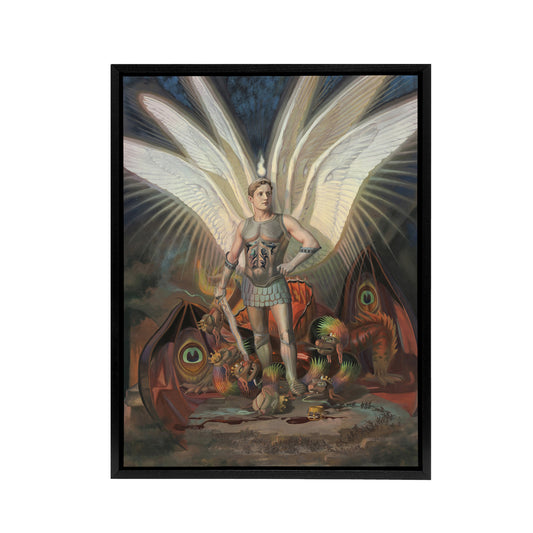 Wasastjerna Archangel Michael Defeating the Dragon Black Framed Canvas Art