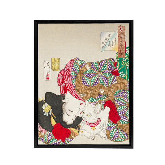 Yoshitoshi Woman With Pet Cat Vintage Japanese Ukiyo-e Black Framed Canvas Art