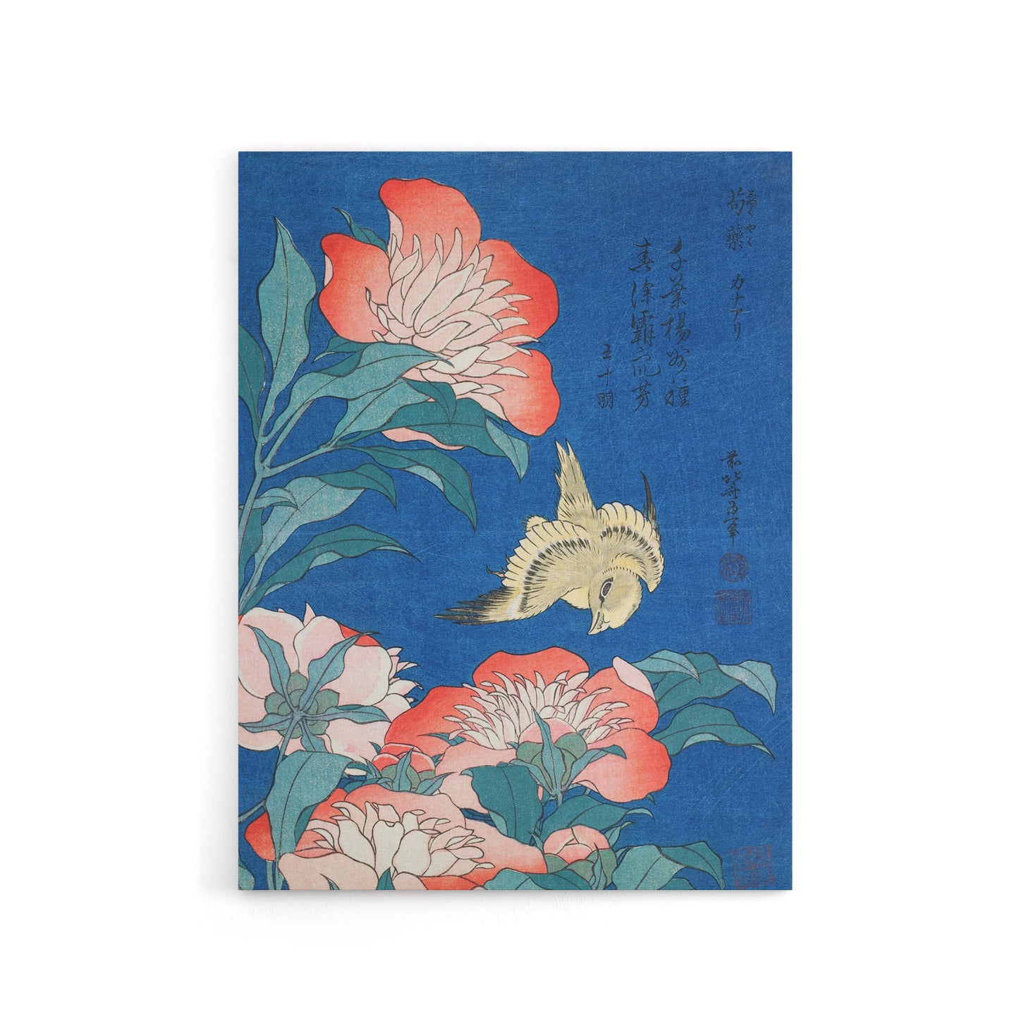 Canary and Peony Flowers Canvas Wall Art Print Katsushika Hokusai