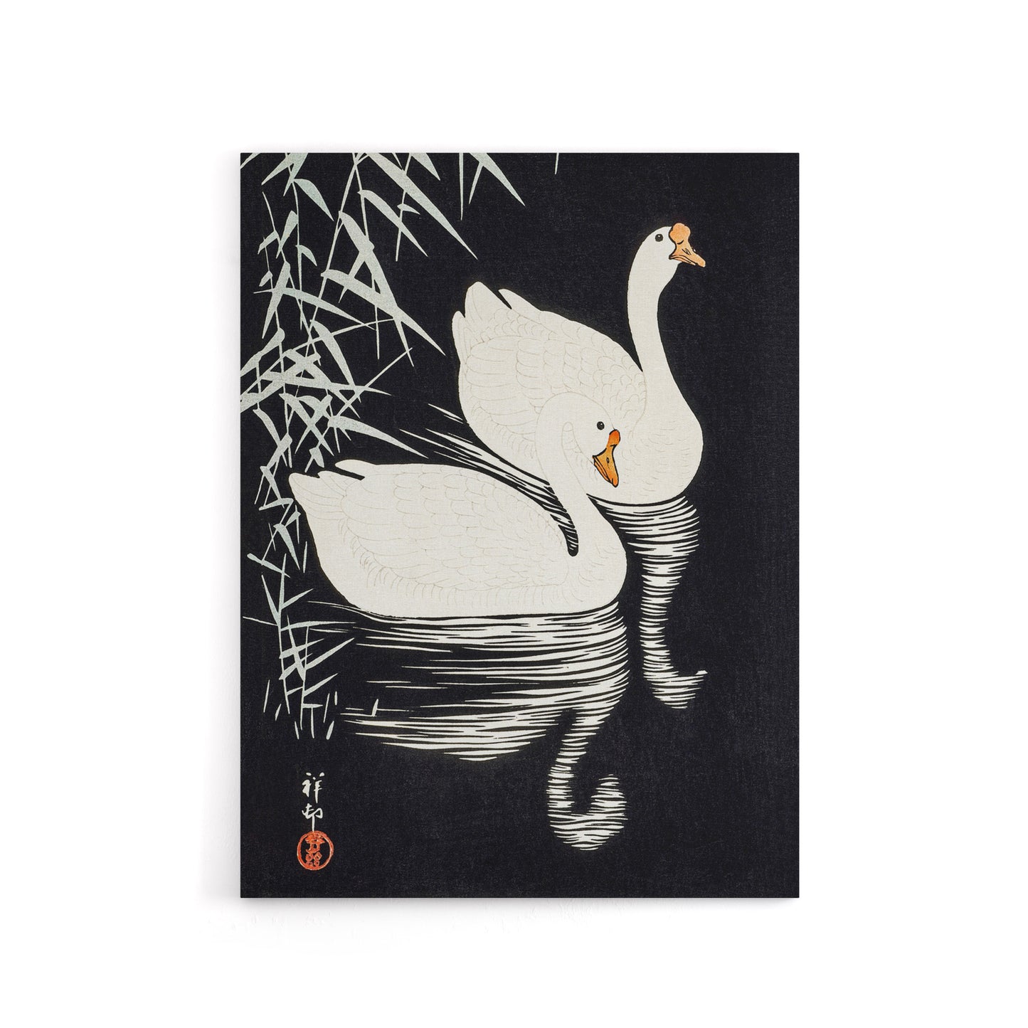 Geese Swimming By Reeds Canvas Wall Art Print Ohara Koson
