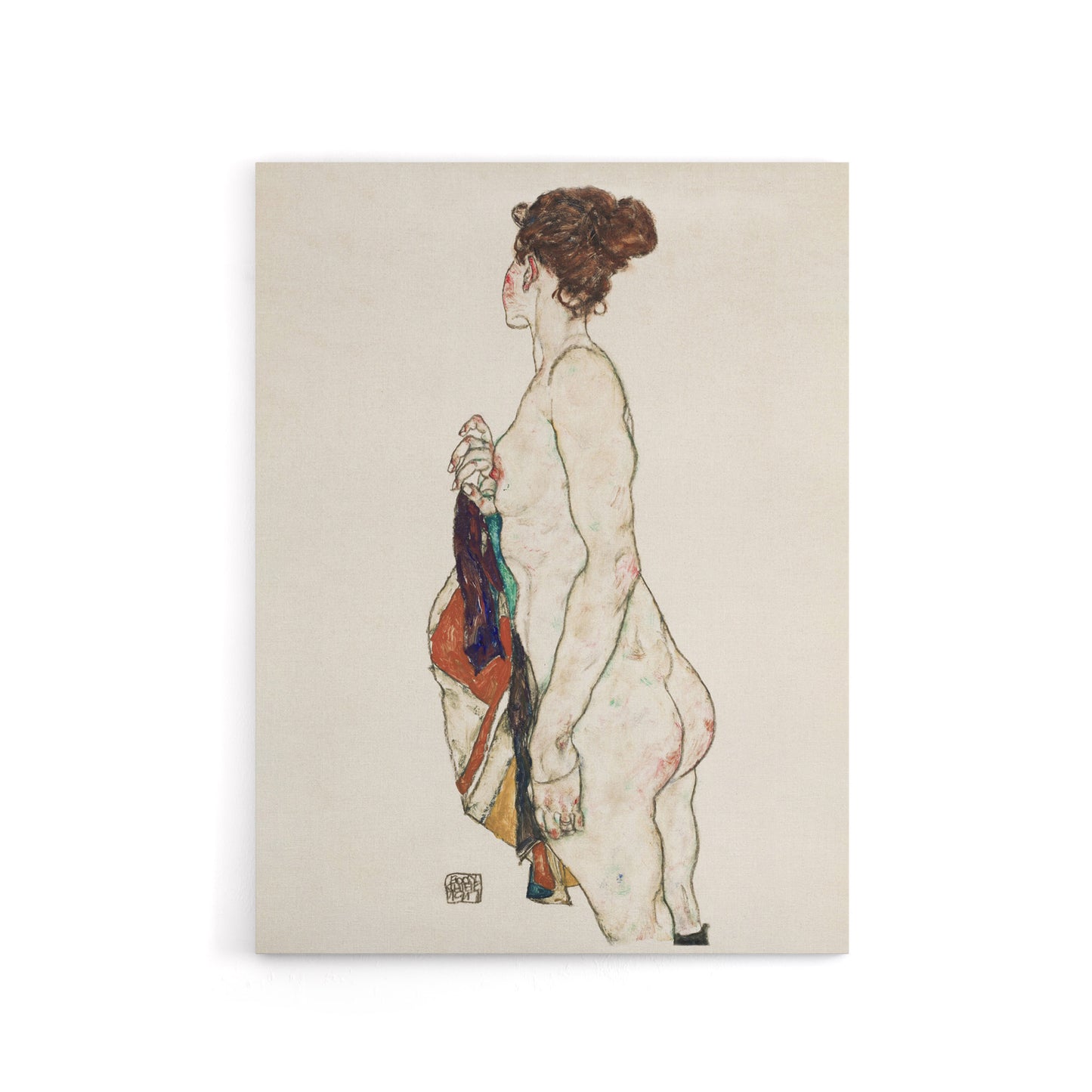 Standing Nude with Patterned Robe Canvas Wall Art Print Schiele